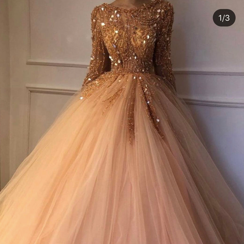champagne prom dresses 2020 crew neckline long sleeve beading sequins ball gown floor length evening dress arabic party dresses
