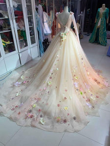 peach prom dresses 2021 v neck hand made flowers 3d flowers ball gown long sleeve tulle long evening dresses gowns