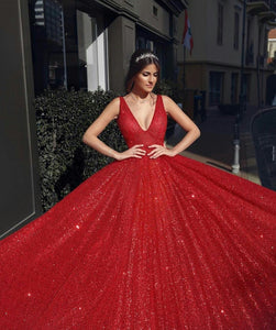 V Neck Sequined Prom Dresses 2020 Red Sleeveless Sparkle robes de mariée Floor Length Celebrity Evening Gowns