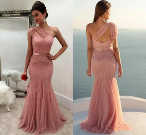 New Design Dusty Rose Formal Dresses Evening Wear 2020 One Shoulder Beaded Mermaid Long Arabic Prom Party Special Occasion Gowns