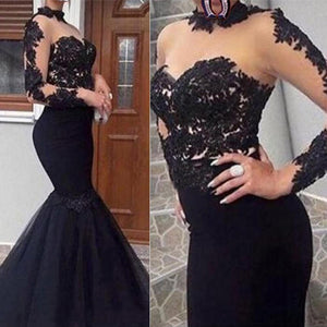 Black Sexy Prom Dresses Mermaid Lace Appliques Tulle African Long Illusion Style Prom Gown Evening Dresses Robe De Soiree