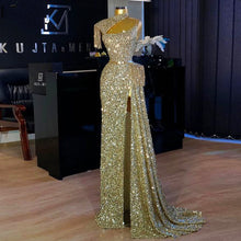 Load image into Gallery viewer, sequins prom dresses 2021 high neck sparkly shinning side slit champagne gold evening dresses gowns