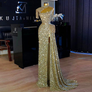 sequins prom dresses 2021 high neck sparkly shinning side slit champagne gold evening dresses gowns