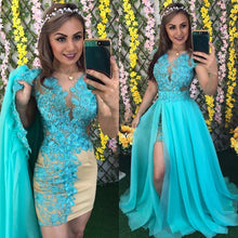 Load image into Gallery viewer, detachable prom dresses blue lace appliques beading pearls chiffon evening dresses