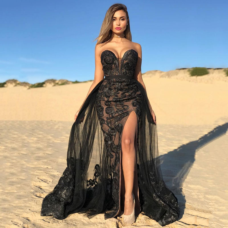 Dubai Evening Dress With Detachable Skirt Sexy Backless Front Slit Applique Prom Gown Women arabic Formal dress