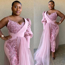 Load image into Gallery viewer, Pink Jumpsuit African Evening Dresses 2022 One Shoulder Sequined Appliques Plus Size Prom Dress Robes De Soirée Formal Party Gown