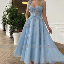 Load image into Gallery viewer, Mesh Net Tulle Prom Dresses Baby Blue Spaghetti Straps A-Line Party Dresses Crystals Tea-Length Short Formal Gowns