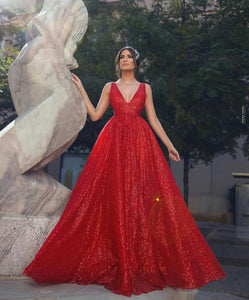 V Neck Sequined Prom Dresses 2020 Red Sleeveless Sparkle robes de mariée Floor Length Celebrity Evening Gowns