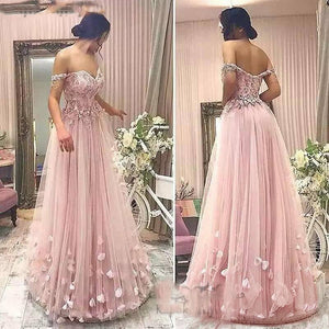 Flowers Off-the-shoulder Zipper Tulle A-line Long Prom Dresses Lace Applique Beads Party Gown