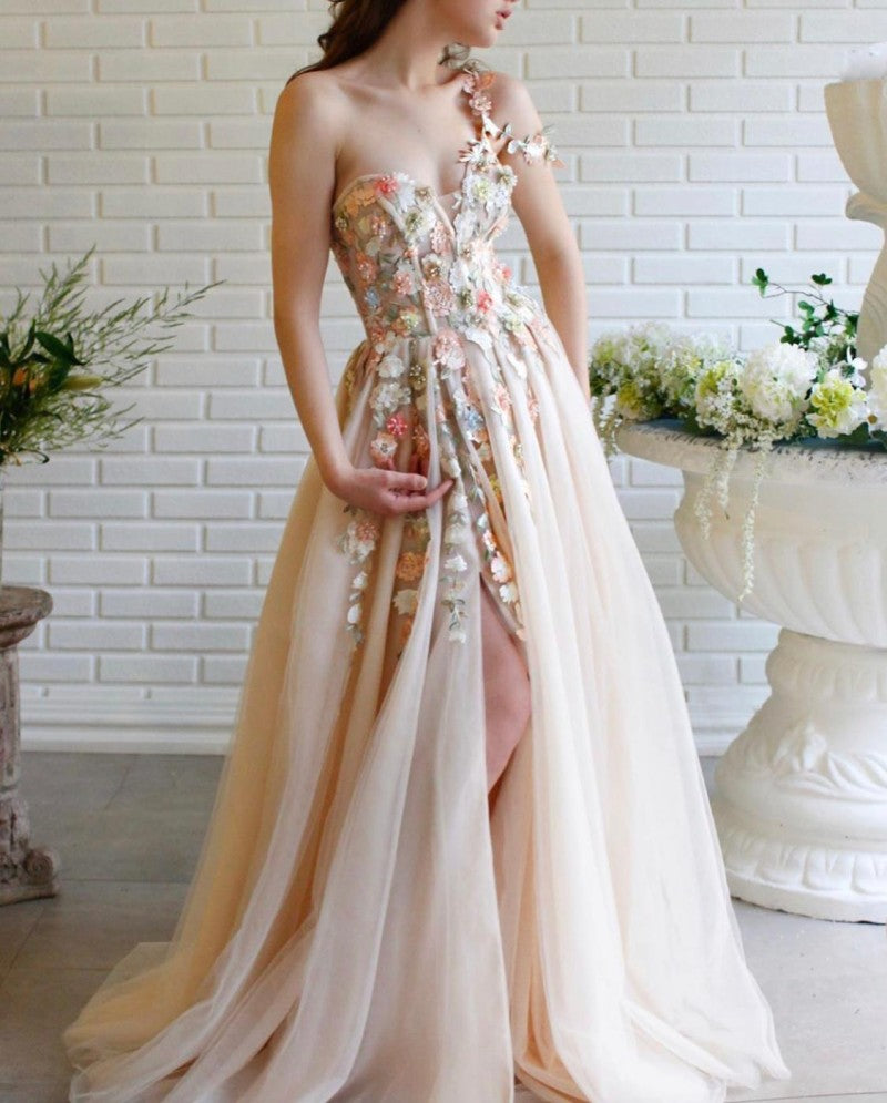 Elegant Prom Dress Long V-Neck Appliques with Flowers Handmade Side Split Tulle Evening Gowns Party Graduation vestido de festa