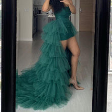 Load image into Gallery viewer, Hunter Green Mini Prom Dresses with Detachable Train Strapless Tiered Long Overskirt Sexy Cocktail Dress 2020 Formal Party Gowns