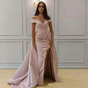 Graceful Pink Mermaid Prom Dresses Off-Shoulder Detachable Train Side Split Special Occasion Dresses Charming Evening Gowns
