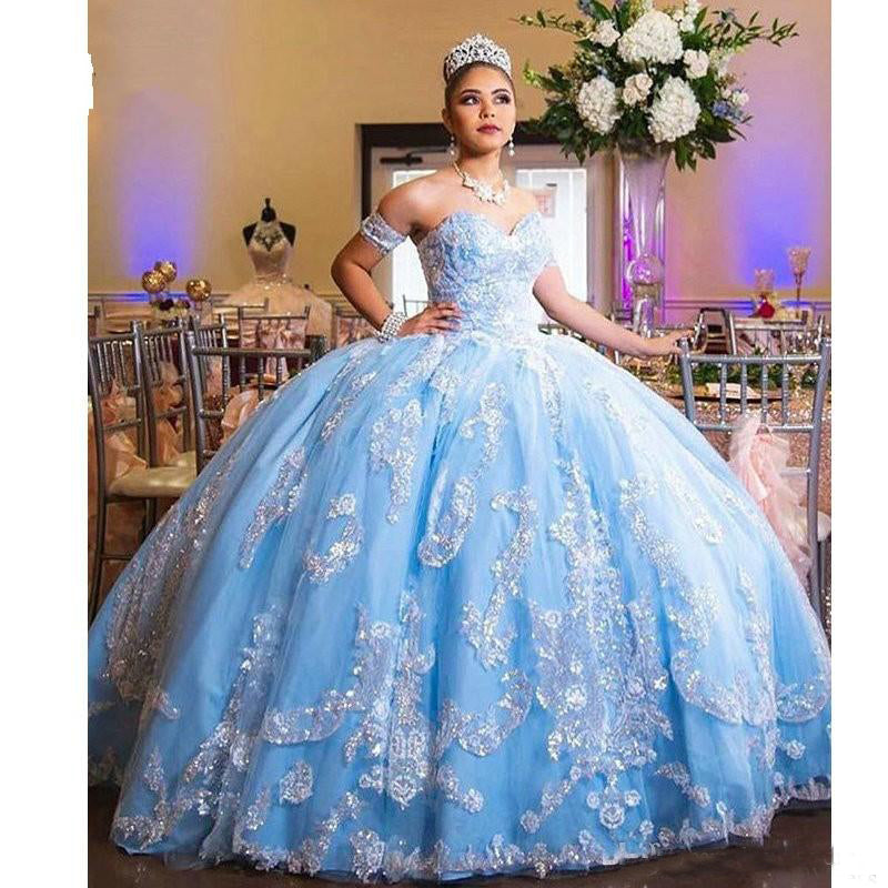 Sky Blue Prom Quinceanera Dresses Cheap Ball Gowns 2020 Strapless Corset Back Lace Applique Tiered Skirt Tulle Formal Dresses