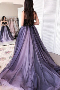 Lavender And Black Sweetheart Neck Prom Gowns Lace Applique Evening Party Gowns Tulle Long Cocktail Dresses