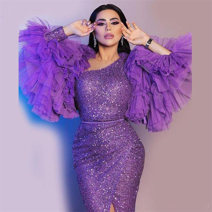 Purple Sequined Prom Dresses Puffy Long Sleeves Ruffles Front Split Mermaid Evening Dress Floor Length Celebrity Party Gowns