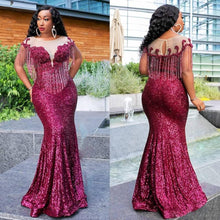 Load image into Gallery viewer, 2020 Aso Ebi Arabic Burgundy Sparkly Sequins Evening Dress Sheer Neck Beads Mermaid Prom Dresses Tassel Plus Size robe de soiree