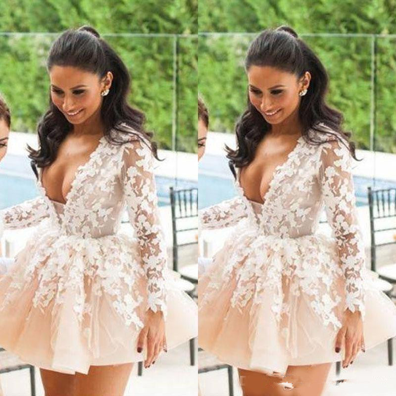 Cheap V Neck Short Mini Homecoming Dresses 2021 Long Sleeve Lace Applique Short Prom Dress Formal Party Evening Gowns