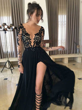 Load image into Gallery viewer, Prom Dress 2020 Sexy Split Long Sleeve Black Applique V-neck Evening Gown Formal Party Dress vestido festa longo