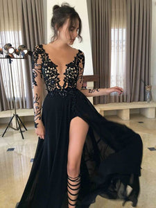 Prom Dress 2020 Sexy Split Long Sleeve Black Applique V-neck Evening Gown Formal Party Dress vestido festa longo