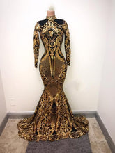 Load image into Gallery viewer, Gold And Black Long Sleeves Mermaid Black Girl Prom Dresses 2019 Elegant High Neck African Formal Evening Gowns Graduation Dress