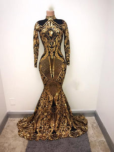 Gold And Black Long Sleeves Mermaid Black Girl Prom Dresses 2019 Elegant High Neck African Formal Evening Gowns Graduation Dress