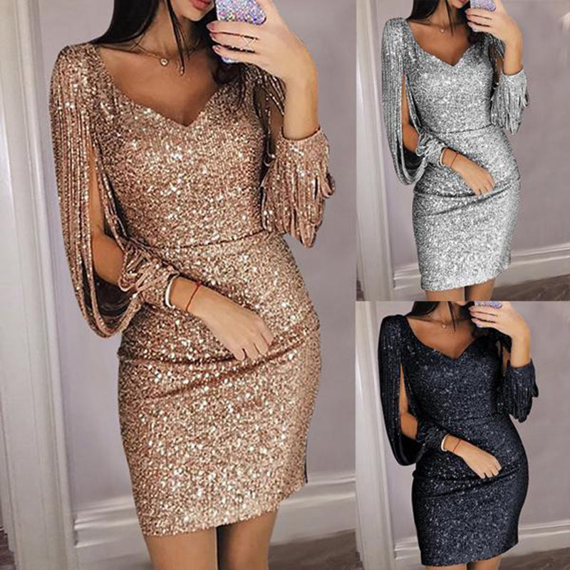 Sexy Mermaid Navy Blue Short Evening Dresses 2020 New Three Quarter Sleeve V Neck Formal Party Prom Gowns Sequined Evening Dress