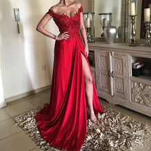 Load image into Gallery viewer, Sexy Red Evening Dresses 2021 Off Shoulder Lace Appliqued Beaded Prom Dress Long Side Slit A Line Formal Party Gowns