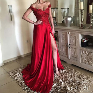 Sexy Red Evening Dresses 2021 Off Shoulder Lace Appliqued Beaded Prom Dress Long Side Slit A Line Formal Party Gowns