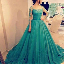 Load image into Gallery viewer, green prom dresses 2021 sheer crew neckline long sleeve ball gown long sleeve lace evening dresses gowns