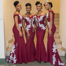 Load image into Gallery viewer, Wholesale Burgundy African Bridesmaid Dresses Plus Size Off The Shoulder White Lace Mermaid Wedding Guest Dress Cheap