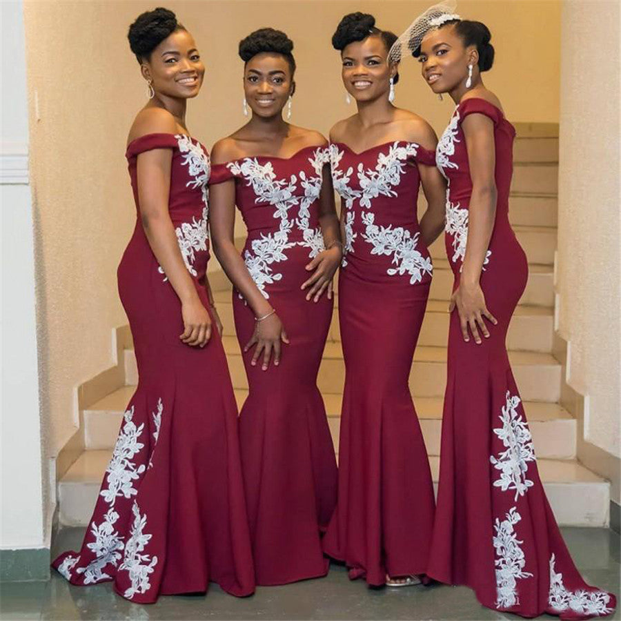 Wholesale Burgundy African Bridesmaid Dresses Plus Size Off The Shoulder White Lace Mermaid Wedding Guest Dress Cheap