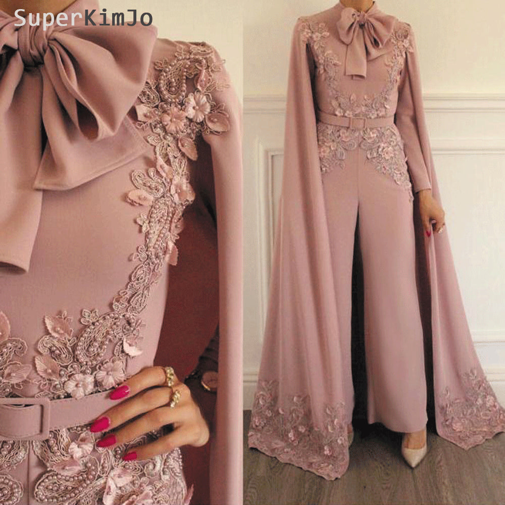 JZbridal Jumpsuit Rompers for Women Dusty Pink Beaded Lace Applique Evening Pants Dubai Arabic Evening Dresses