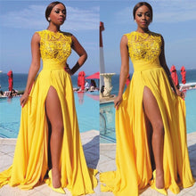 Load image into Gallery viewer, Embroidery Prom Dresses 2019 Sleeveless Yellow Chiffon A Line Prom Gown Vestido De Festa