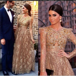 Party Gowns Vestidos Prom Dresses Lace Evening Dresses Long Sleeves Bubble Shoulder Beading Gold Crystal African Formal Dresses