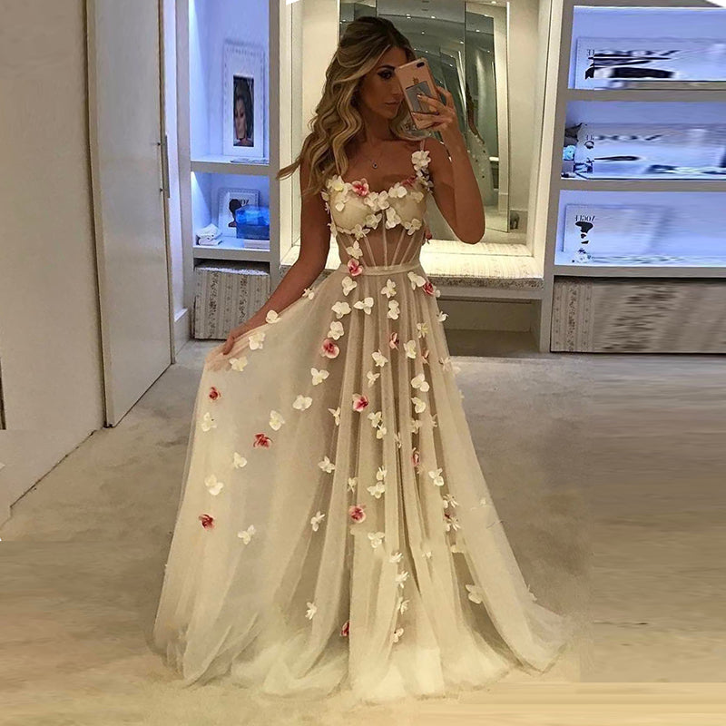 Elegant Prom Dress Long Spaghetti Stap Appliques with Flowers HandmadeTulle Formal Evening Gowns Girl Party Dress Graduations