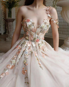 Elegant Prom Dress Long V-Neck Appliques with Flowers Handmade Side Split Tulle Evening Gowns Party Graduation vestido de festa