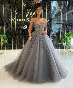 Beaded 2021 Prom Dresses African A Line Silver Strap V Neck Evening Dress Plus Size Formal Party Pageant Gowns