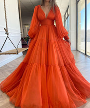 Load image into Gallery viewer, Red Party Dress Plus Size 2022 Long Puff Sleeves Prom Dresses V-Neck Pleats Chiffon Princess Evening Gowns
