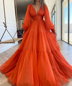Red Party Dress Plus Size 2022 Long Puff Sleeves Prom Dresses V-Neck Pleats Chiffon Princess Evening Gowns