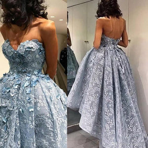 High Quality Blue Sweetheart Full Lace High Low Evening Dresses With Handmade Flowers Special Occasion Long Party Dress robe