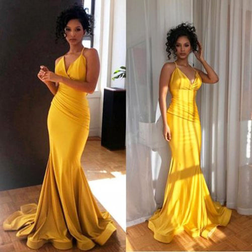 Elegant Yellow Prom Dress V-Neck Sexy Mermaid Long Evening Gown Plus Size 2020 Long Prom Party Dresses vestido fiesta