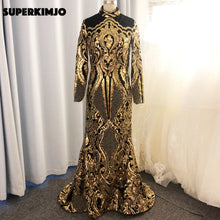 Load image into Gallery viewer, real picture prom dresses 2020 high neck lace sequins mermaid long sleeve muslim black evening dress gold formal dresses beaded