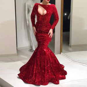 Sexy Red Sequined Long Mermaid Pron Dresses Full Sleeves Cut Out Bust Fashion Prom Gowns O-neck Formal Party Dresses New