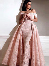 Load image into Gallery viewer, Lace Pink Prom Dresses Moroccan caftan Off The Should Evening Dress With Detachable Train Sexy Formal Party Dress