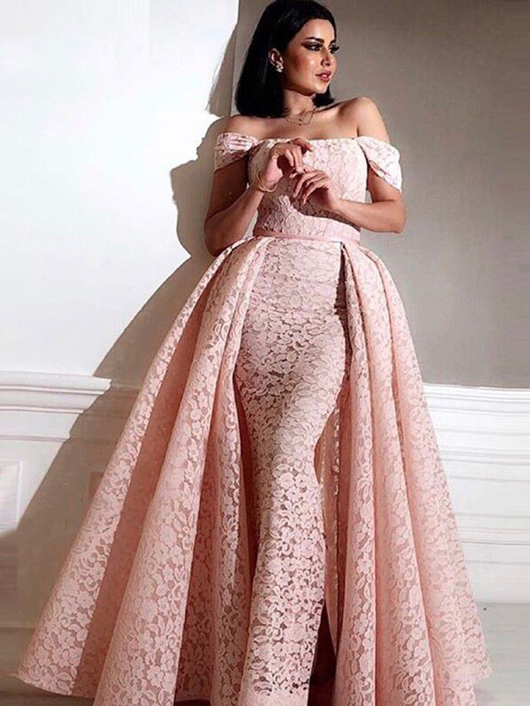 Lace Pink Prom Dresses Moroccan caftan Off The Should Evening Dress With Detachable Train Sexy Formal Party Dress