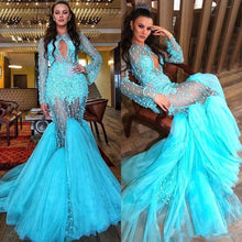 Load image into Gallery viewer, Turquoise Blue 2021 Mermaid Prom Dresses Sexy Long Sleeves Evening Gowns Tulle Sweep Train Appliques Chic Party Dress Vestidos