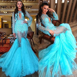 Turquoise Blue 2021 Mermaid Prom Dresses Sexy Long Sleeves Evening Gowns Tulle Sweep Train Appliques Chic Party Dress Vestidos