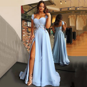Sky Blue Evening Dresses Sexy High Side Split Appliques Evening Gowns Cap Sleeve Sweetheart Formal Prom Dresses