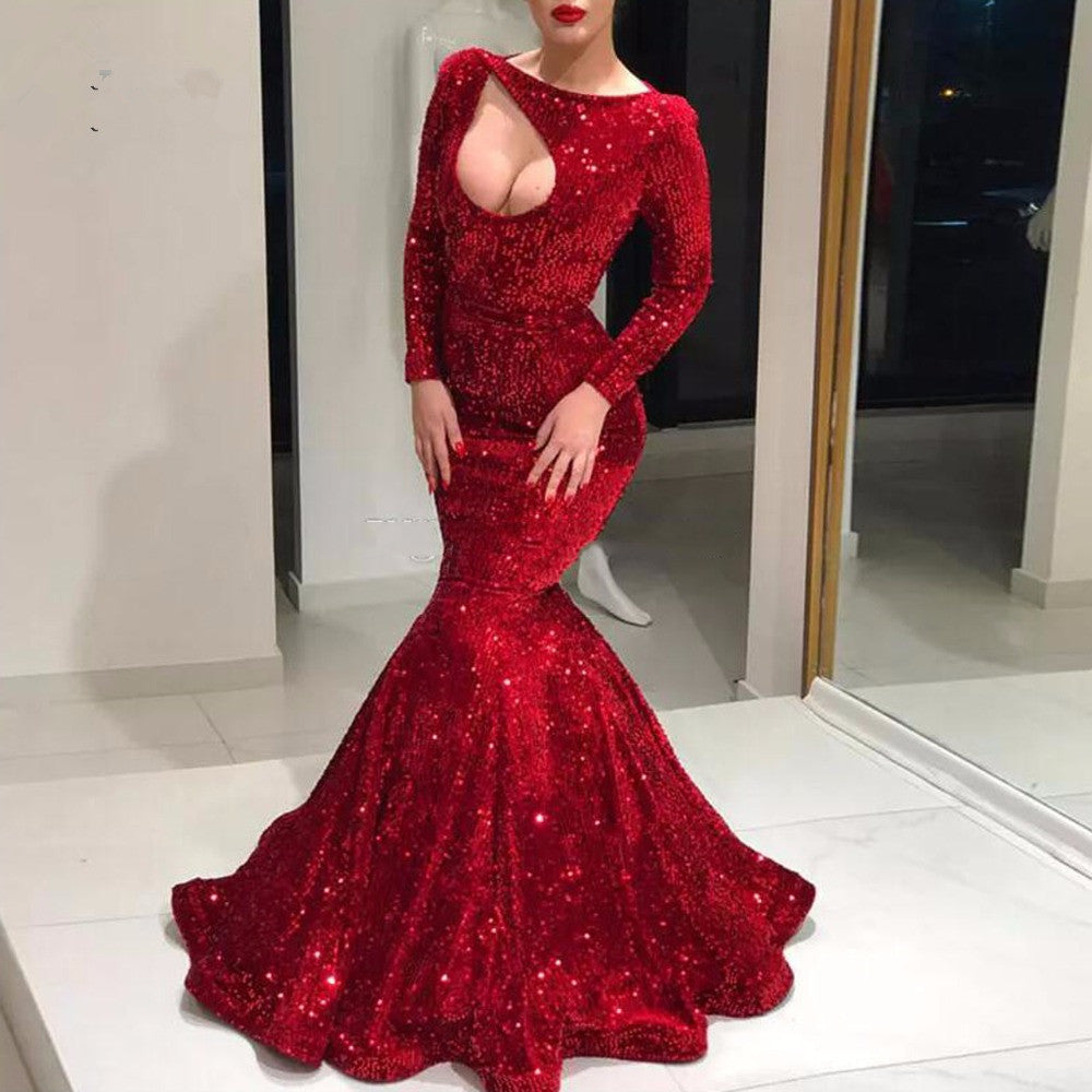 Sexy Red Sequined Long Mermaid Pron Dresses Full Sleeves Cut Out Bust Fashion Prom Gowns O-neck Formal Party Dresses New