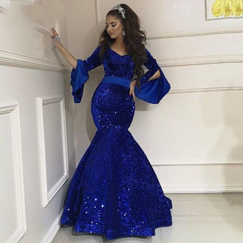 Royal Blue Mermaid Evening Dress Flare Sleeve Shiny Sequin Formal Dress Party Gown robe de soiree Mermaid Prom Gowns